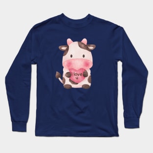 I Love You Cute Cow Holding Heart Valentines Day Couple Gift Long Sleeve T-Shirt